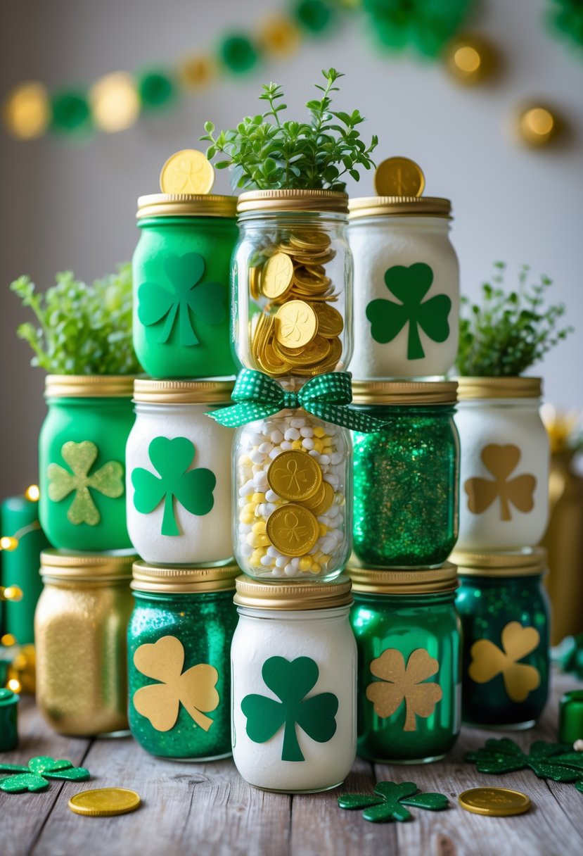 Thirteen decorated mason jars with St. Patrick’s Day crafts, including shamrocks, gold coins, ribbons, and plants, arranged on a wooden table.