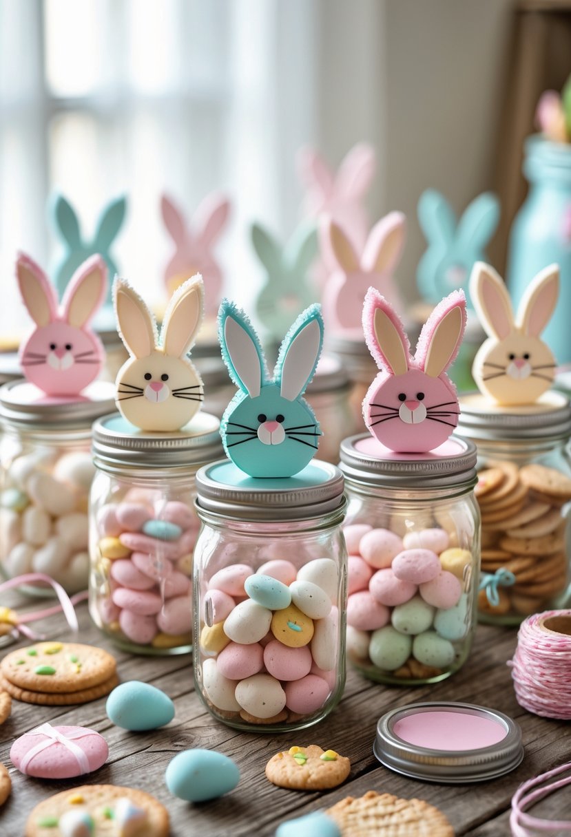 A collection of mason jars topped with bunny-shaped lids filled with treats, displayed on a wooden table with crafting supplies around them.