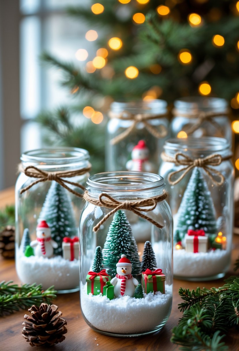 Several mason jars filled with white snow and miniature holiday decorations arranged on a wooden table with holiday lights and greenery in the background.