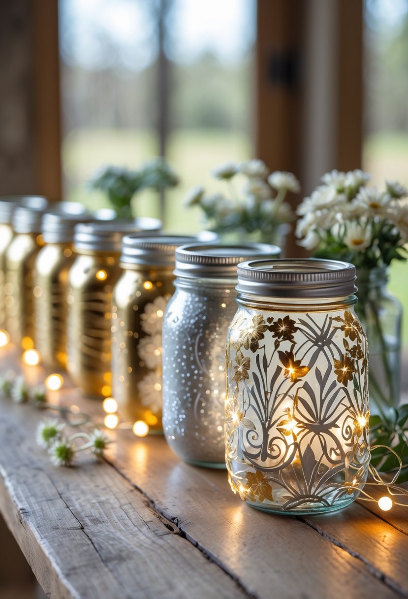 A group of mason jars decorated with shiny foil patterns displayed on a wooden table with soft lighting.