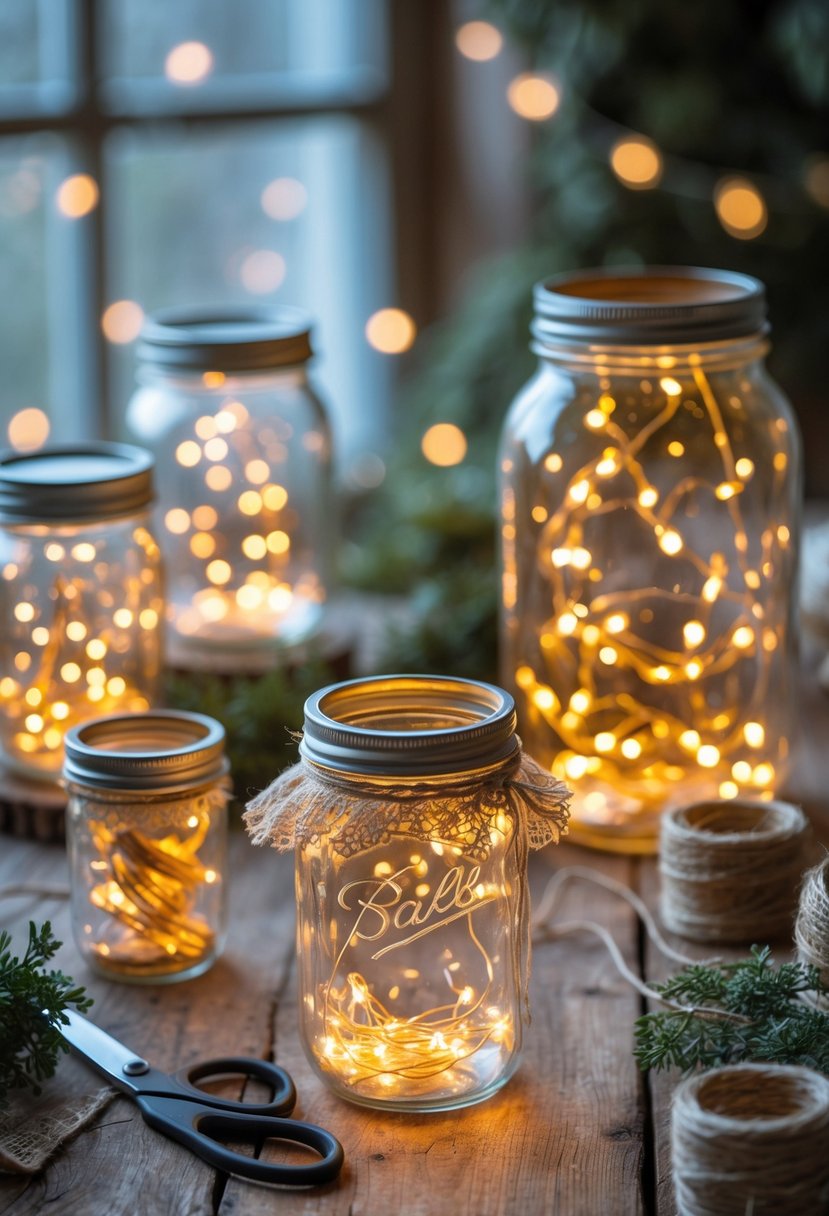 Several mason jars filled with glowing fairy lights arranged on a wooden table with craft materials nearby.