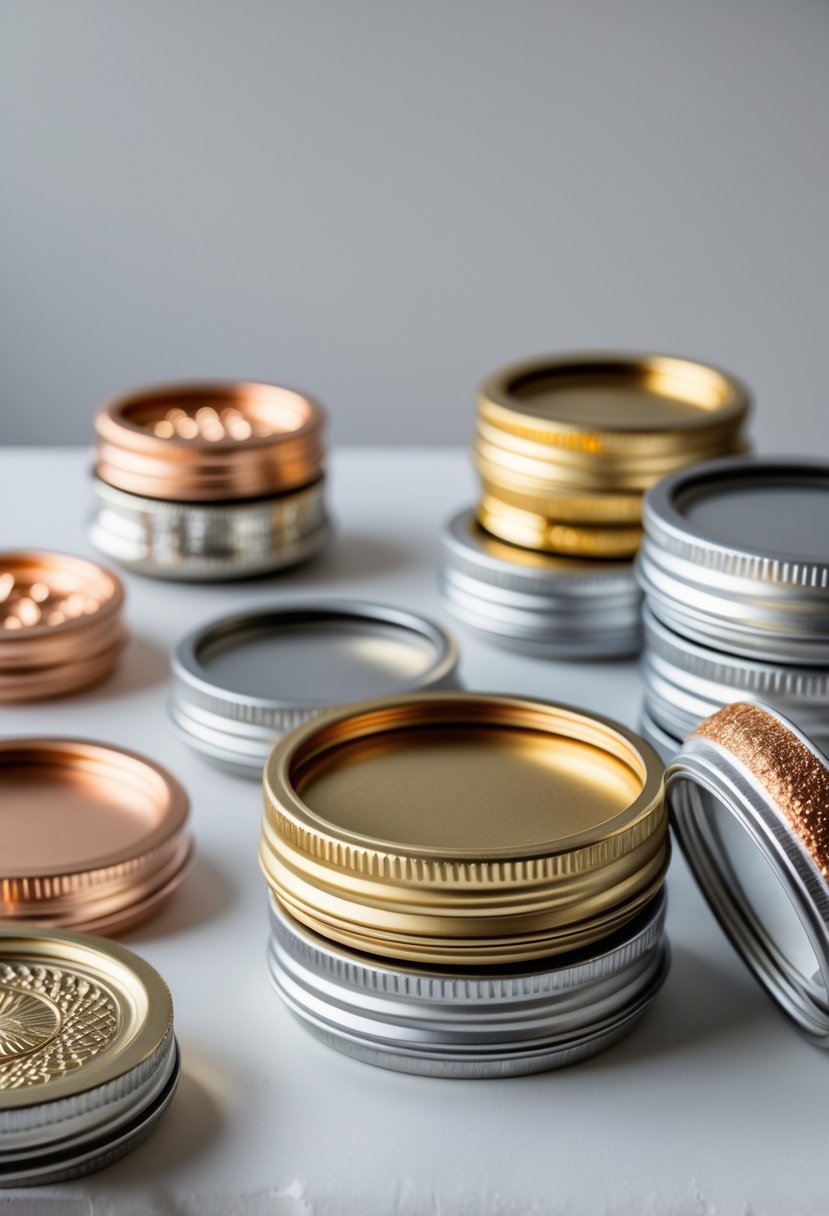 A collection of mason jar lids painted in metallic gold, silver, and copper colors arranged on a plain surface.