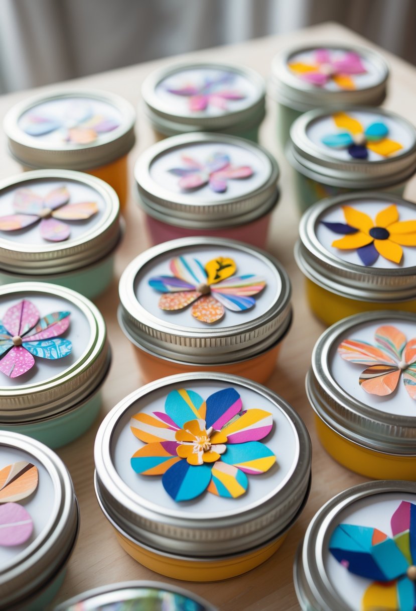Thirteen decorated mason jar lids arranged on a wooden surface, each featuring colorful photo collage designs.