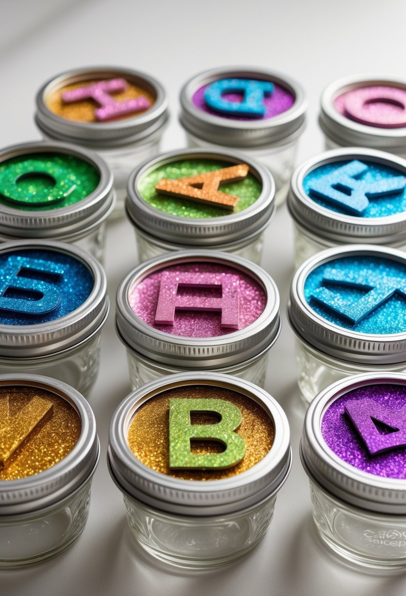 A collection of mason jar lids decorated with colorful glitter sticker letters arranged neatly on a plain background.
