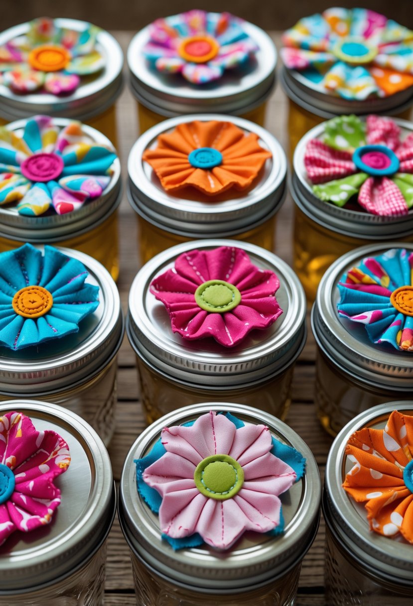 Thirteen mason jar lids decorated with colorful fabric flowers arranged on a wooden surface.
