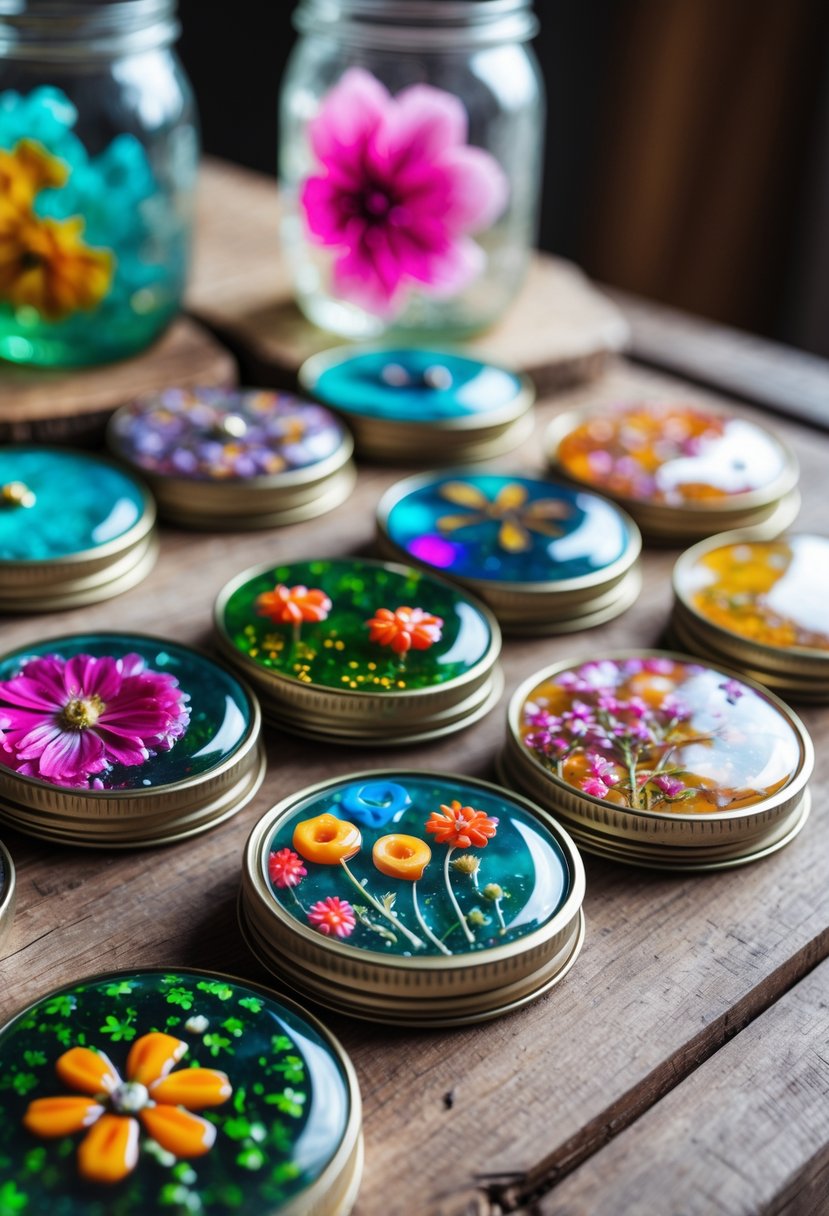 A collection of colorful resin magnets attached to mason jar lids arranged on a wooden surface.