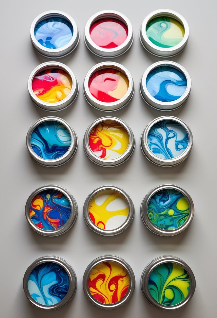 Thirteen mason jar lids decorated with colorful acrylic pour art arranged neatly on a plain background.