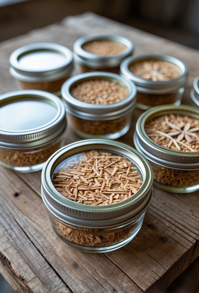 A collection of mason jar lids decorated with sawdust embedded in clear epoxy resin, arranged on a wooden surface.