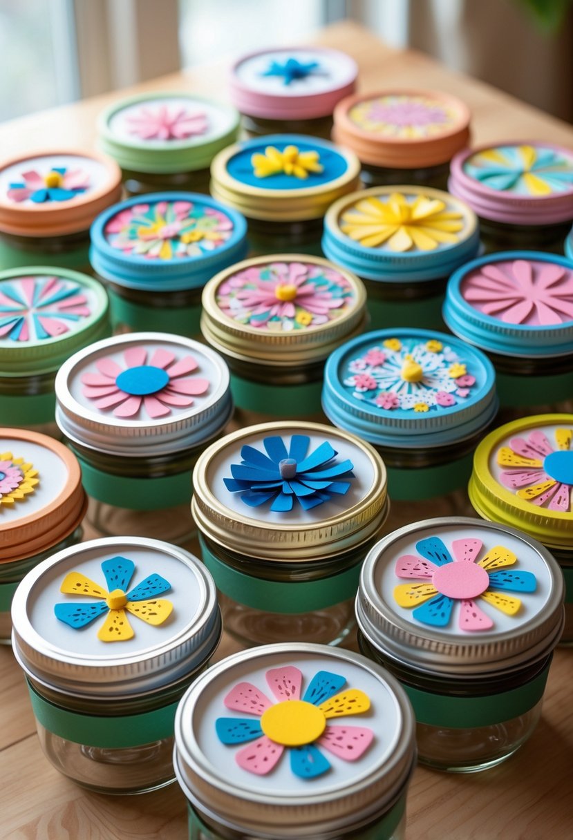 Thirteen mason jars with colorful and creatively decorated foam board lids arranged on a wooden surface.