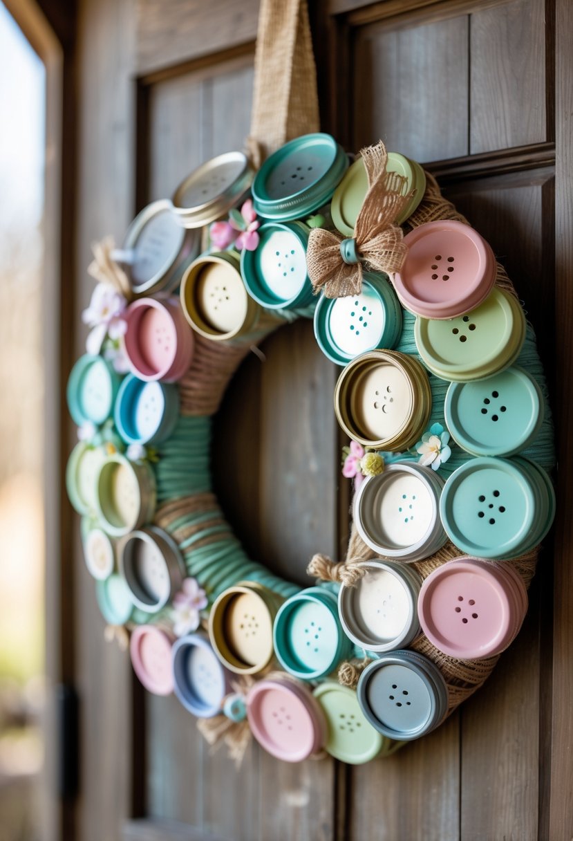 A circular wreath made from various mason jar lids decorated with ribbons and small craft items, hanging on a wooden surface.