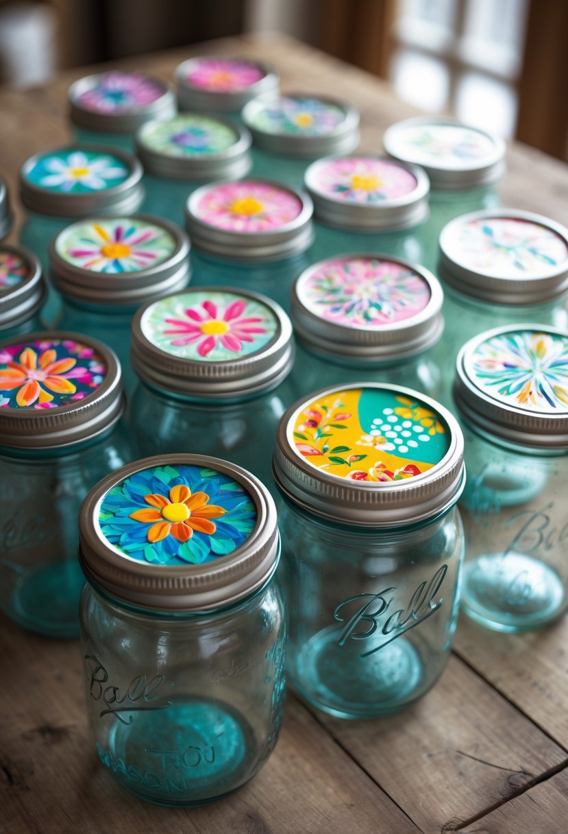 A group of mason jars with colorful, hand-painted lids featuring unique decorative designs and personalized names, arranged on a wooden table.