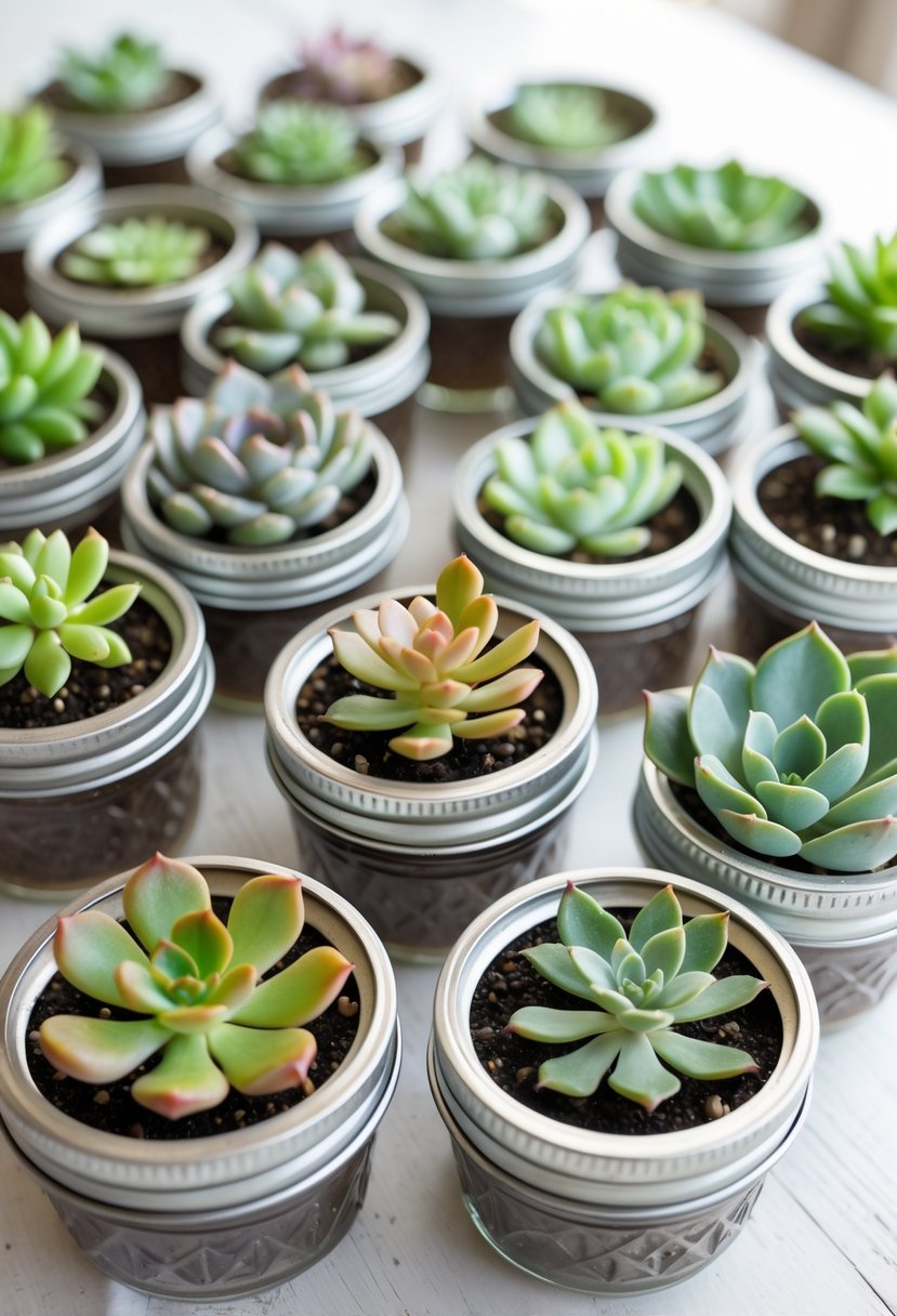 Thirteen mason jar lids turned into small succulent planters arranged on a wooden surface.