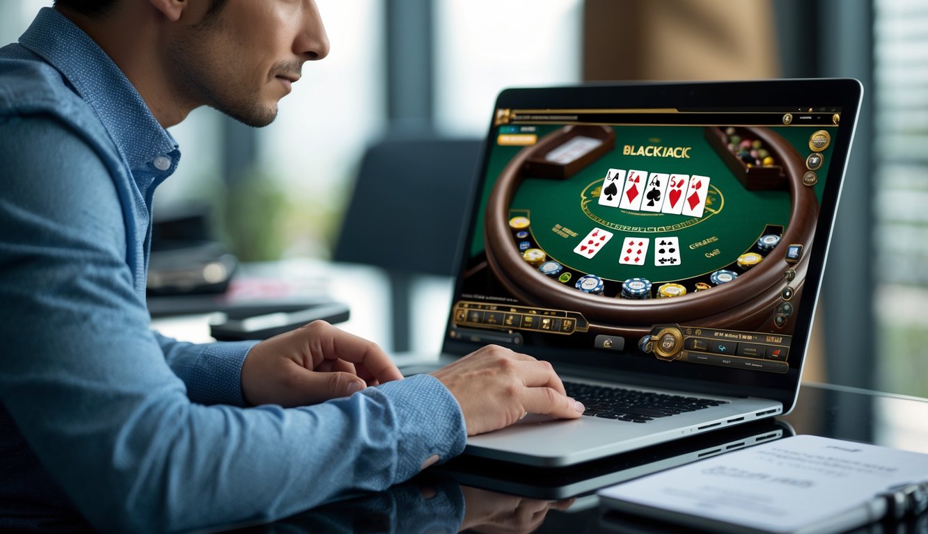 Seorang pemain dewasa duduk di depan laptop yang menampilkan permainan blackjack online, dengan ekspresi fokus dan alat catatan di sampingnya.