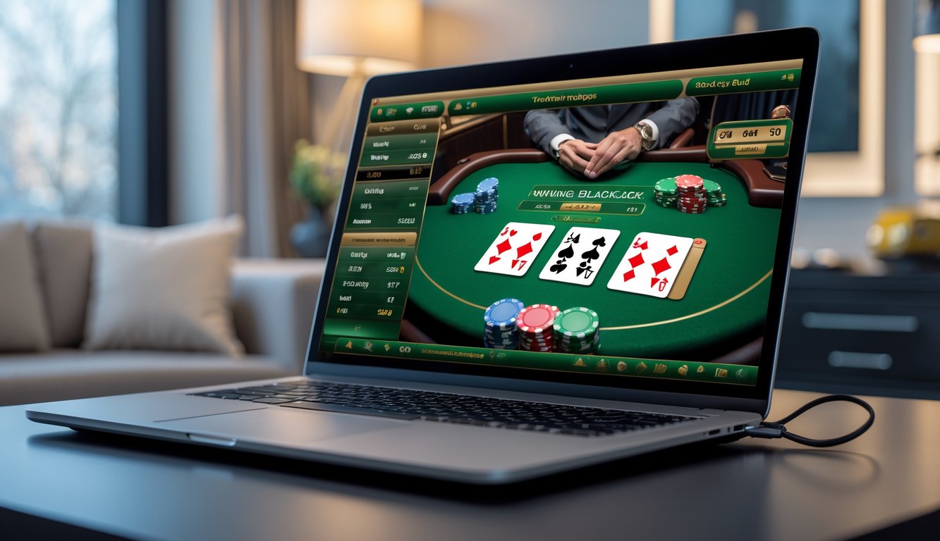 Seorang pemain sedang bermain blackjack online di komputer dengan kartu dan chip tampak jelas di layar dalam ruangan yang rapi dan terang.