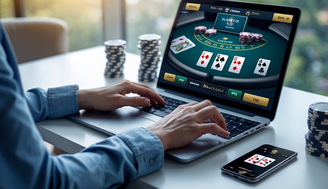 Seseorang sedang bermain blackjack online menggunakan laptop di meja kerja dengan chip dan ponsel di sampingnya.