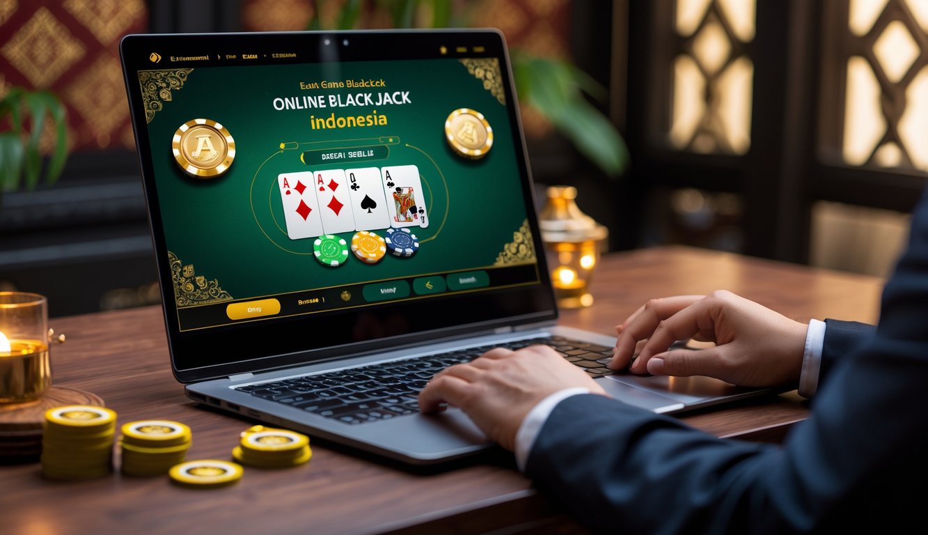 Seseorang bermain blackjack online di laptop dengan latar belakang motif batik Indonesia.