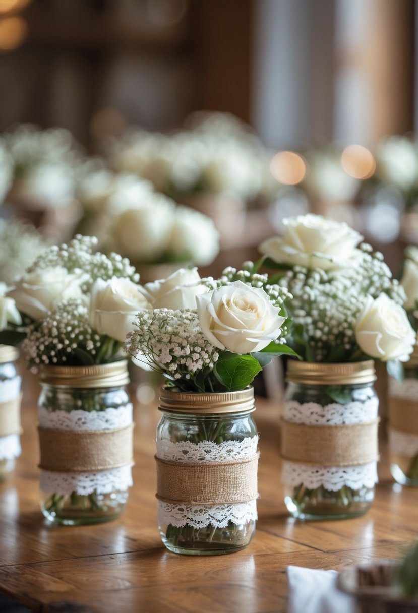 Fourteen mason jars wrapped in burlap and lace, filled with flowers, arranged on a wooden table.