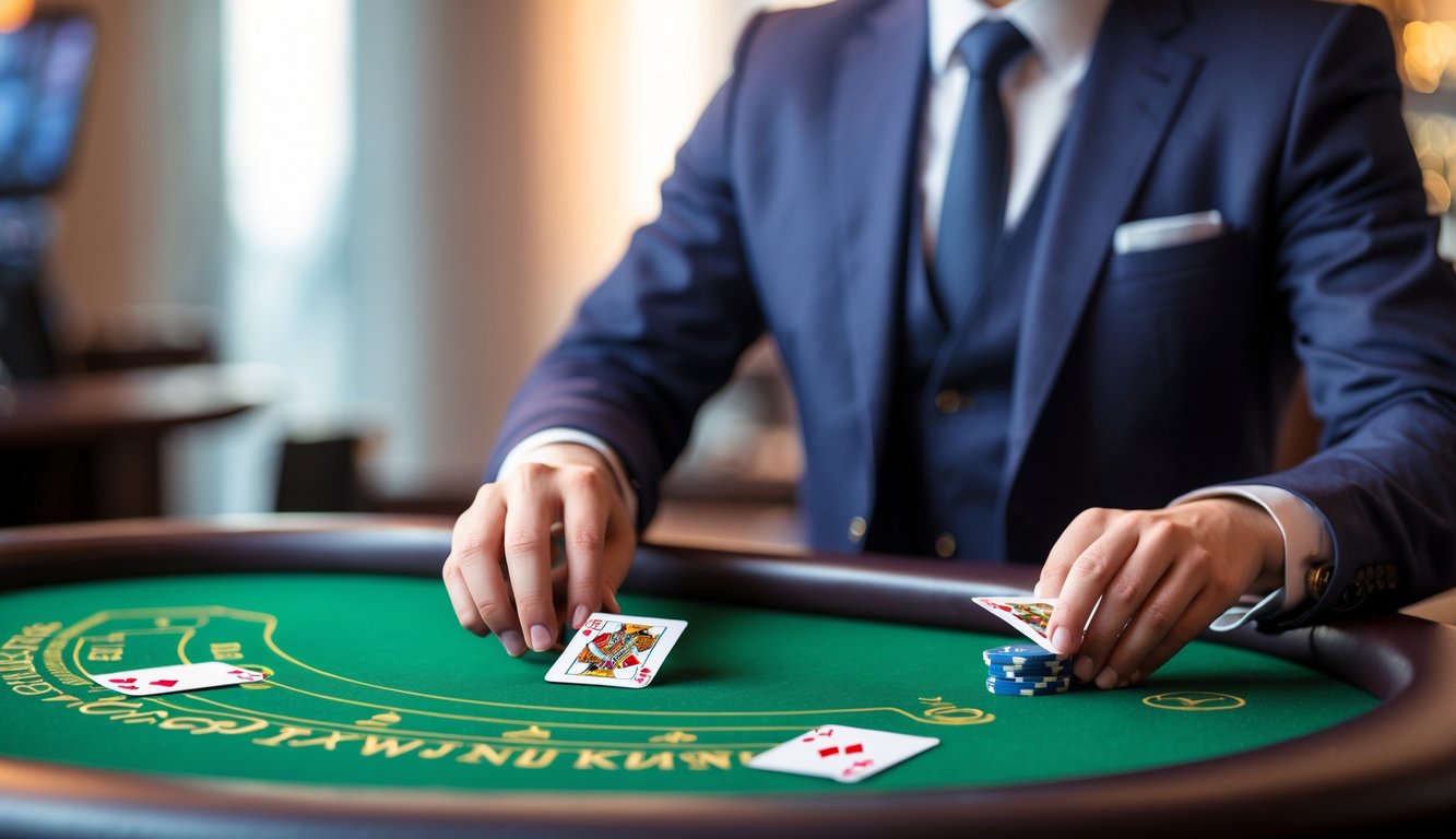 Seorang dealer profesional sedang membagikan kartu blackjack secara langsung di depan layar perangkat digital dengan meja hijau di latar depan.