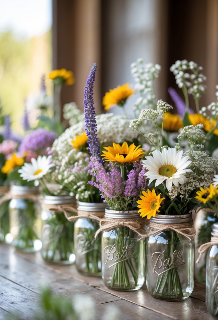 Fourteen mason jars filled with colorful seasonal wildflowers arranged on a wooden table.