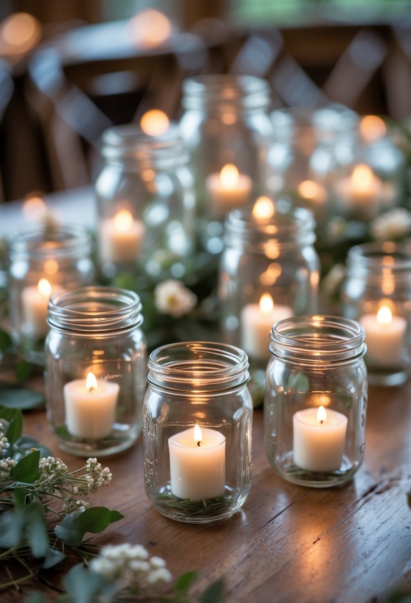 Fourteen mini mason jars with lit votive candles inside arranged on a wooden table with greenery and small white flowers.