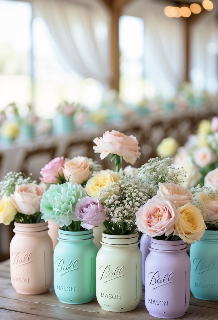 Fourteen painted mason jars in pastel colors arranged on a table, each filled with fresh flowers.