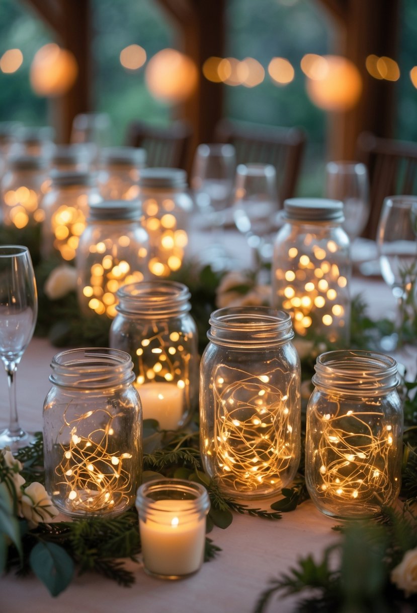 Fourteen mason jars glowing with LED fairy lights arranged as centerpieces on a wedding table with greenery and flowers.