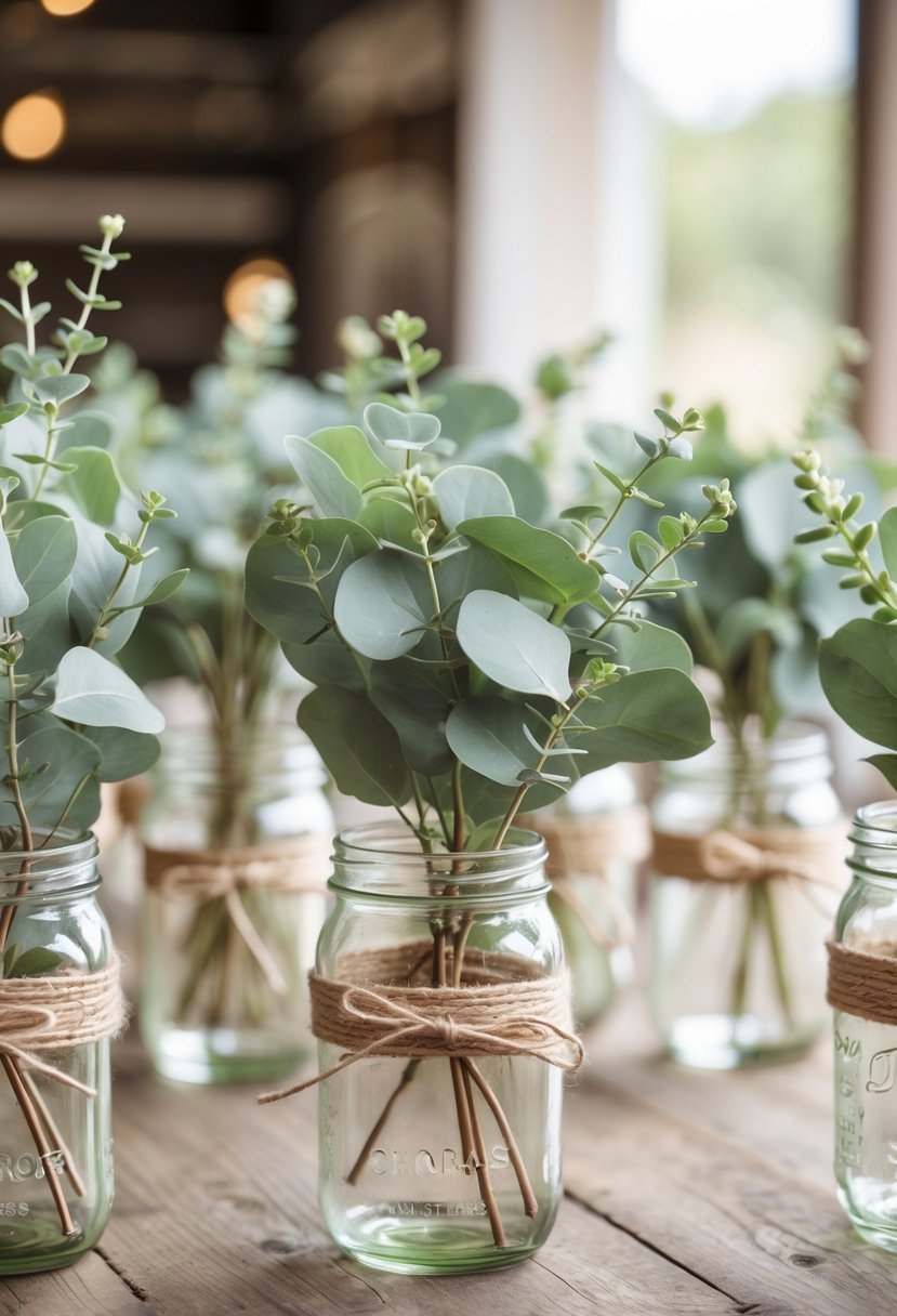 Fourteen mason jars tied with twine and filled with fresh eucalyptus arranged on a wooden table.