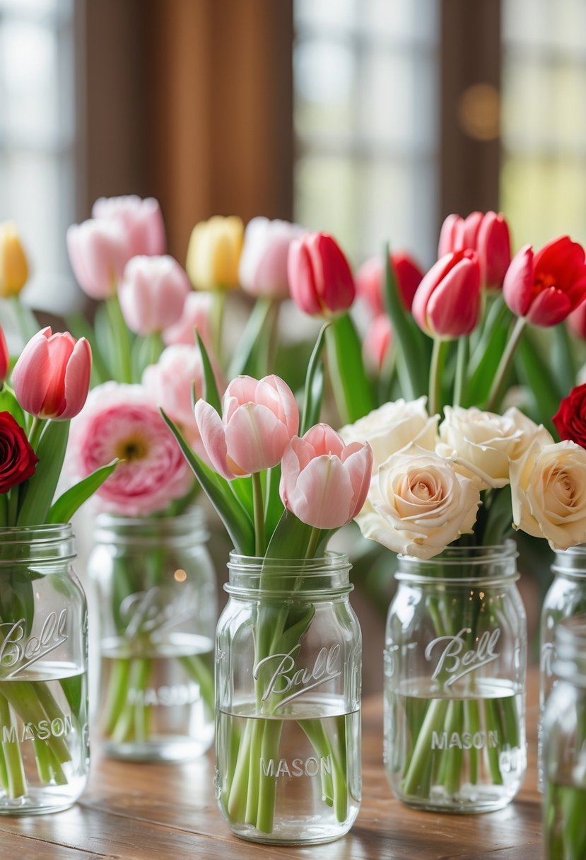 Fourteen clear mason jars filled with tulips and roses arranged as centerpieces on a wooden table.