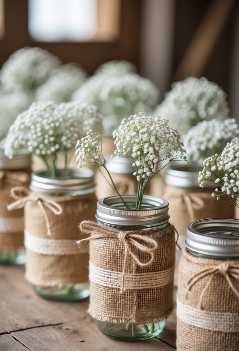 Fourteen mason jars wrapped in burlap and filled with white baby's breath flowers arranged on a wooden table.