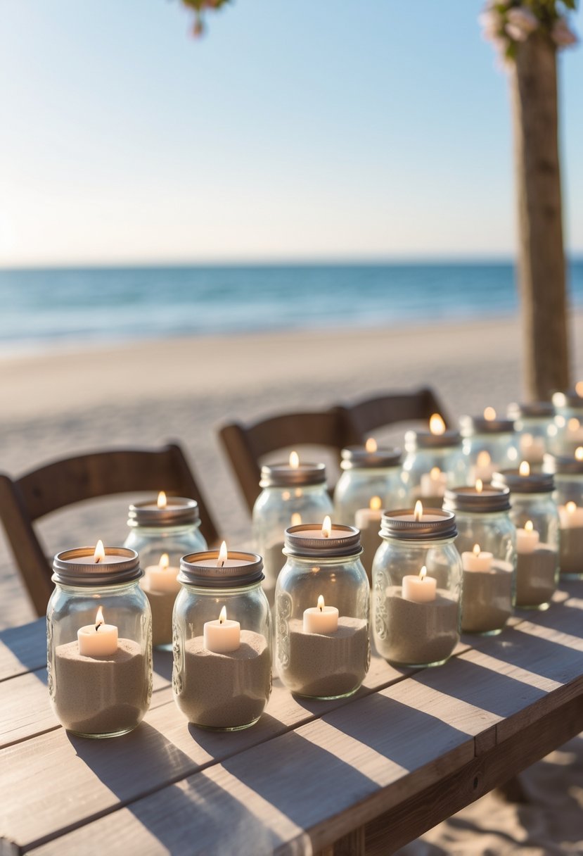 Fourteen mason jars filled with sand and floating candles arranged on a wooden table by the beach.