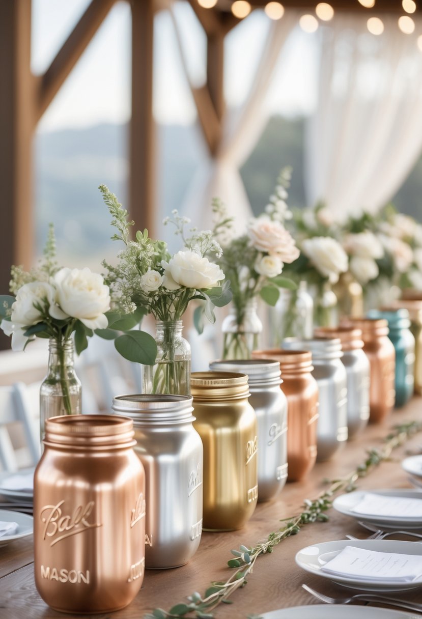 Fourteen metallic mason jars arranged as wedding centerpieces on a wooden table, some holding flowers.