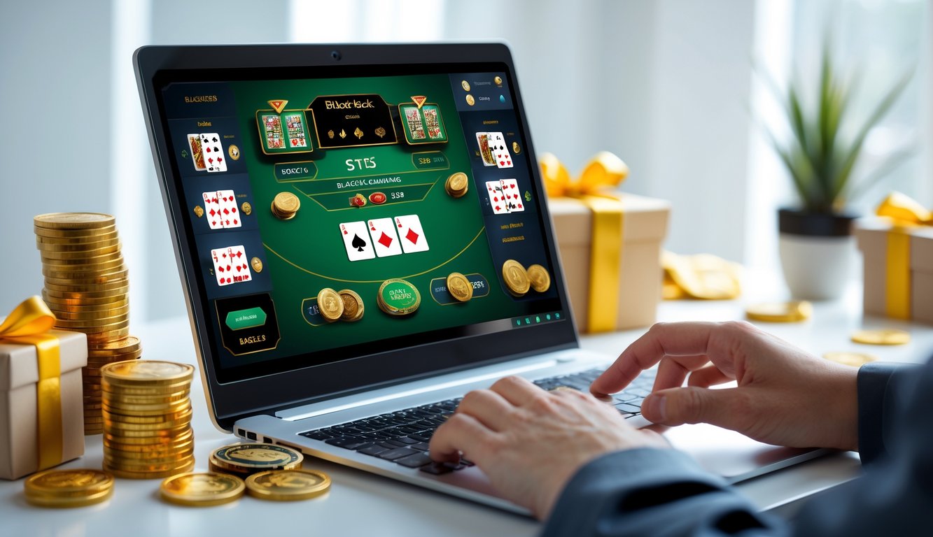 Seorang pemain sedang menggunakan komputer dengan permainan blackjack online di layar, dikelilingi oleh koin emas dan chip kasino di meja.