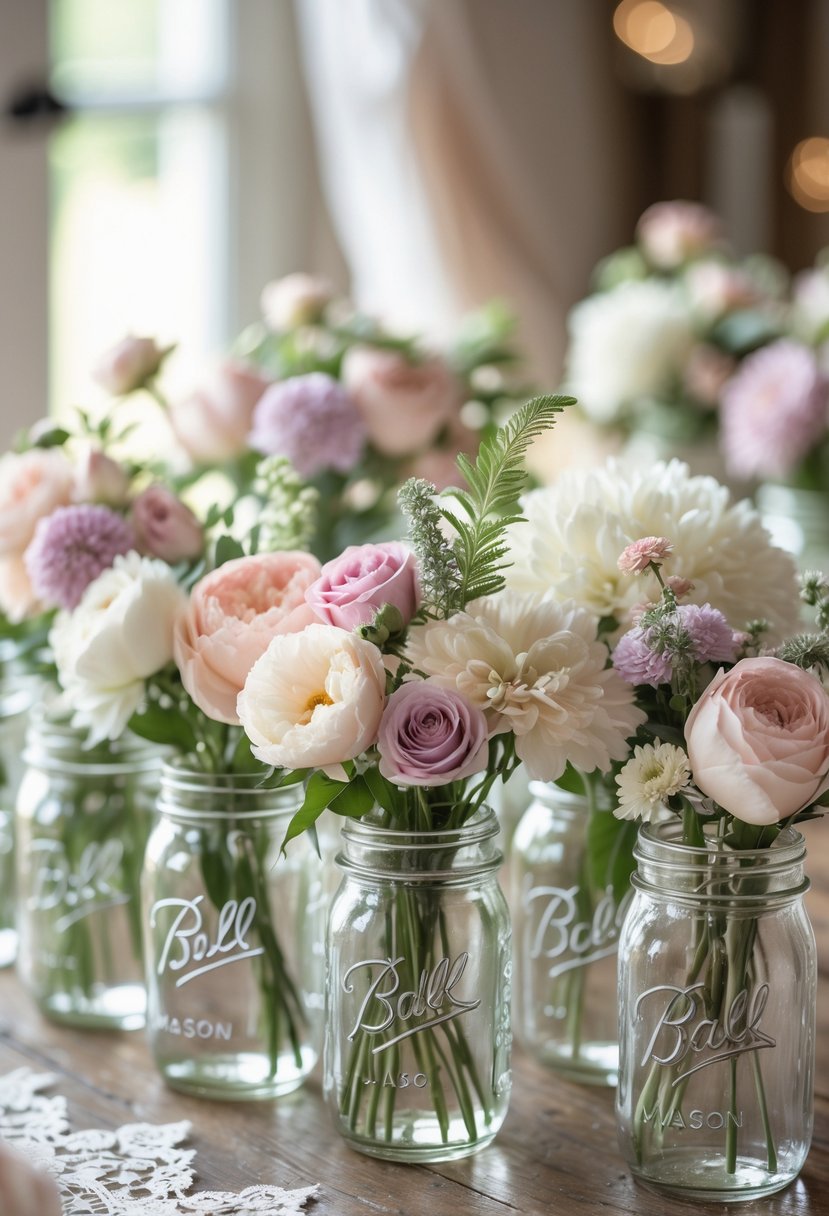 Fourteen mason jars grouped together, each filled with mixed floral bouquets on wooden tables.