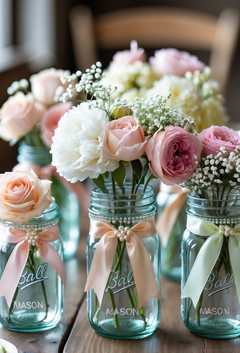 A group of mason jars decorated with ribbons and pearls, filled with fresh flowers, arranged on a wooden table.