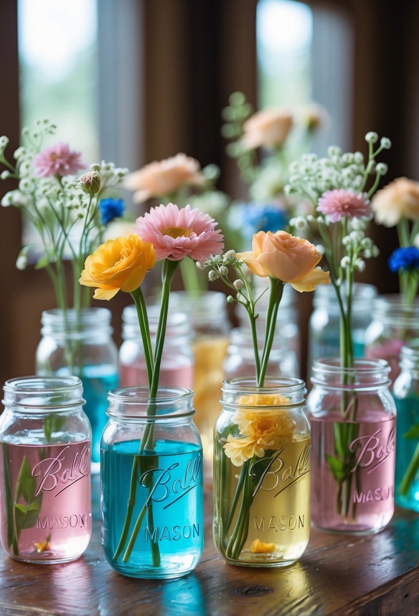 Fourteen mason jars filled with colored water and flower stems arranged on a wooden table.