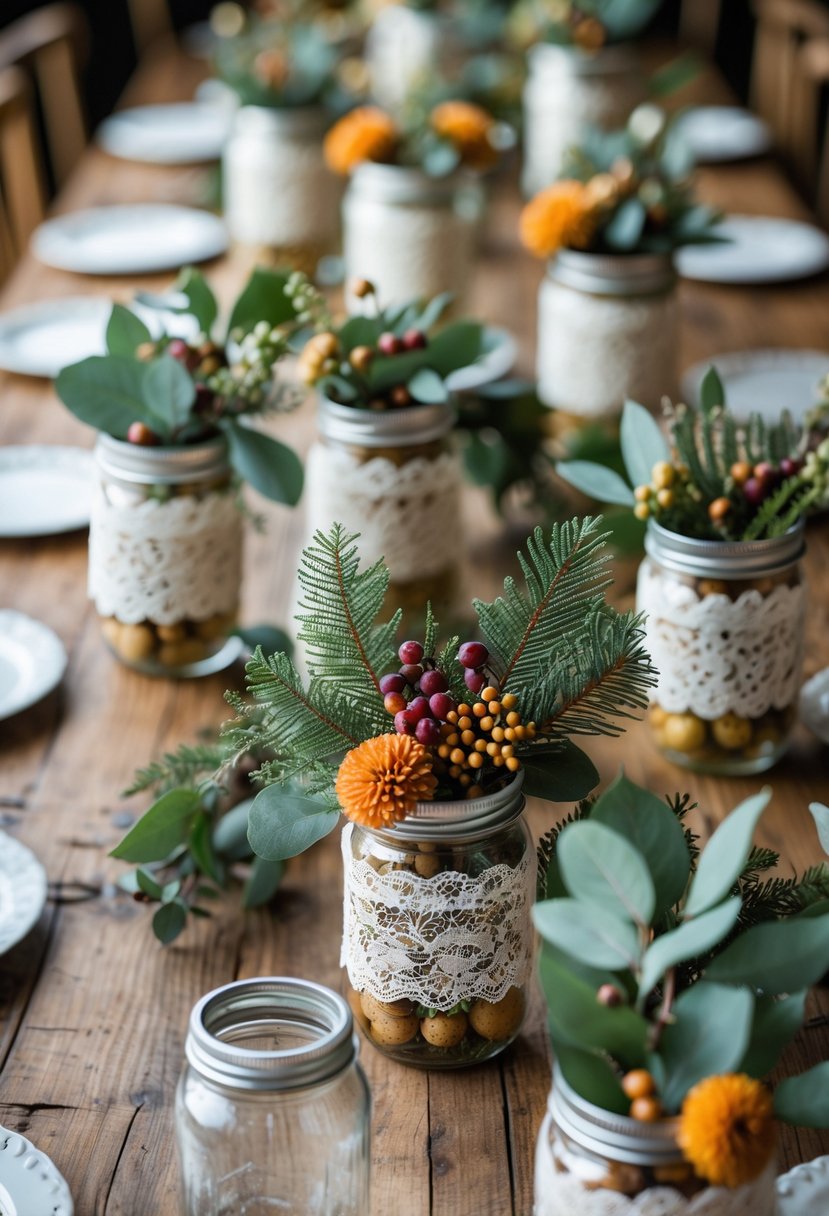 Fourteen mason jars wrapped in lace filled with seasonal leaves and flowers arranged on a wooden table.