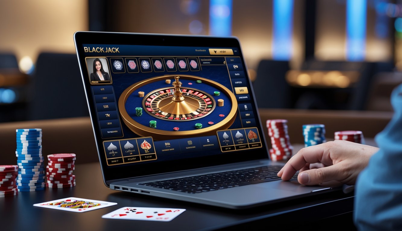 Sebuah laptop menampilkan permainan blackjack online dengan kartu dan chip di sekitarnya dalam suasana gaming yang nyaman.