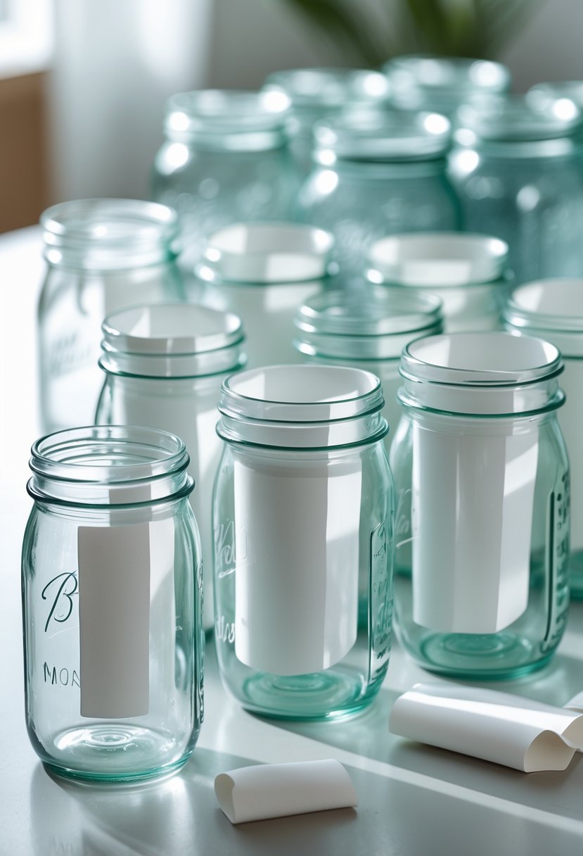Several wide-mouth mason jars on a surface, each containing a smaller regular mouth jar nested inside with paper filters between them to prevent breakage.