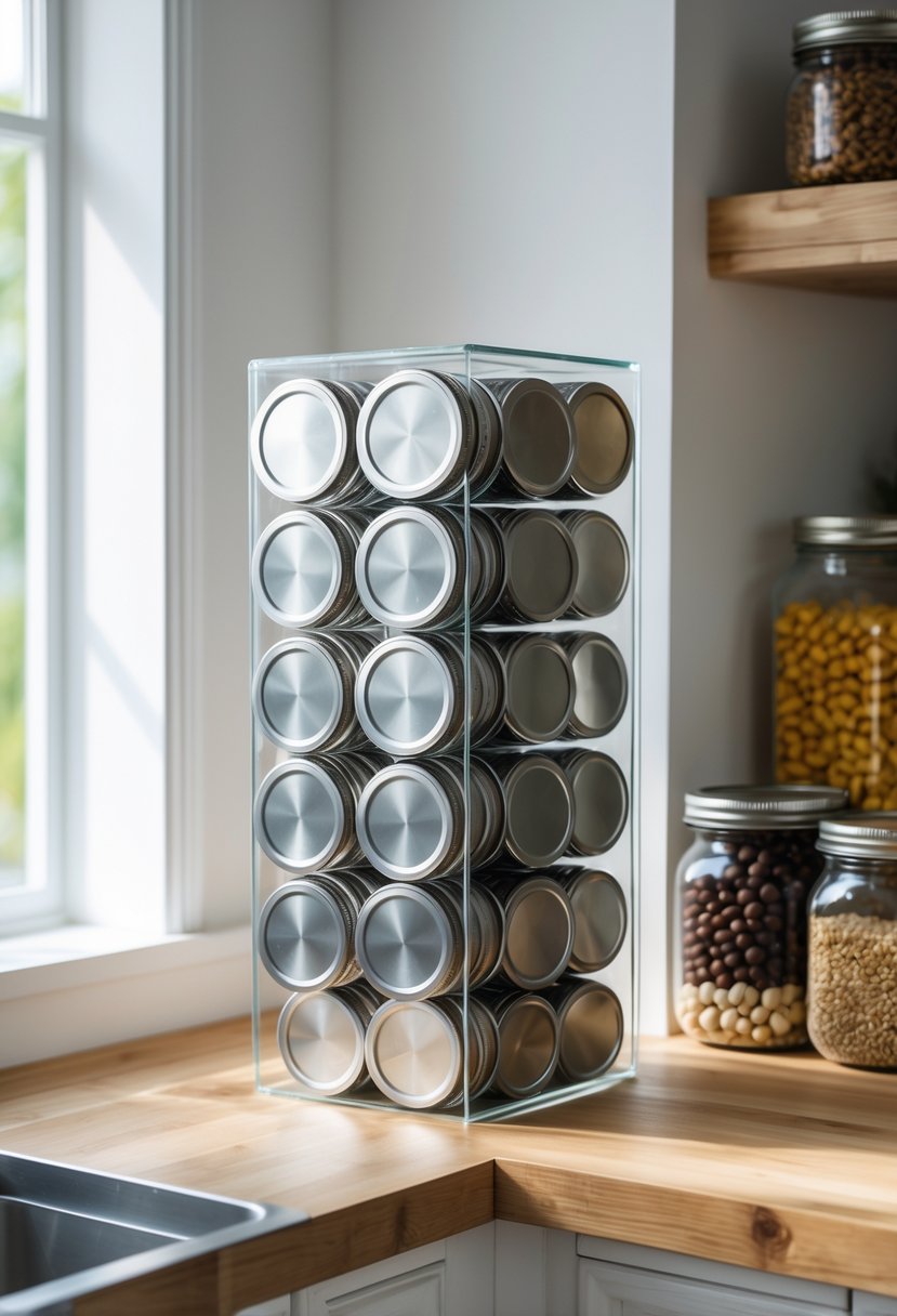 Metal mason jar lids stored vertically in a narrow container on a kitchen countertop next to organized mason jars.