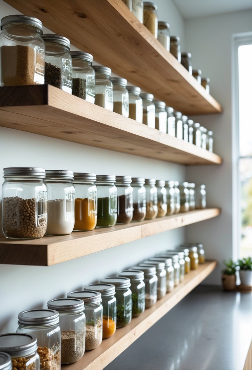 Wall-mounted open shelves holding neatly arranged mason jars filled with various dry goods in a kitchen.