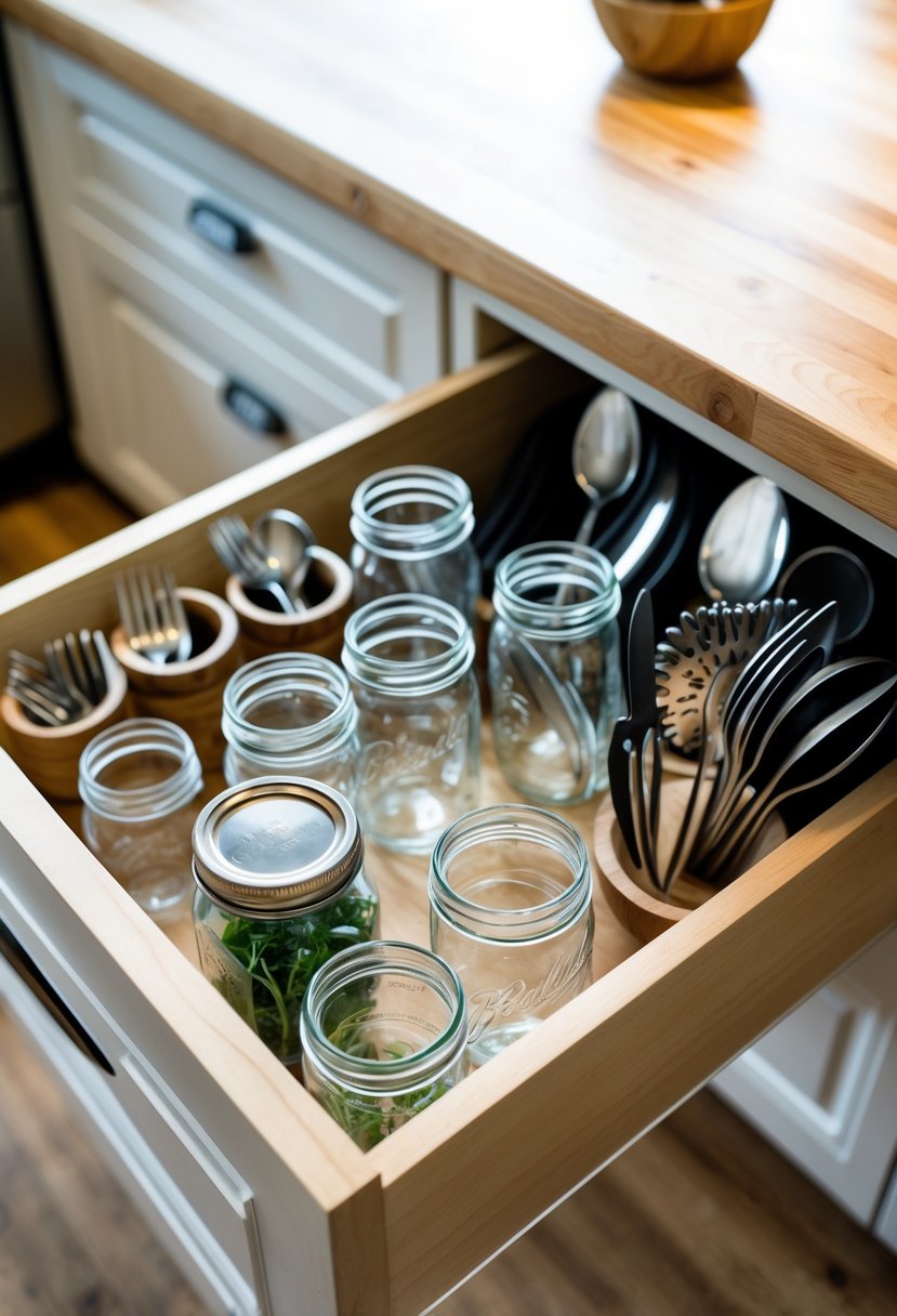 Open drawer with mason jars used to organize utensils like forks, spoons, and knives.
