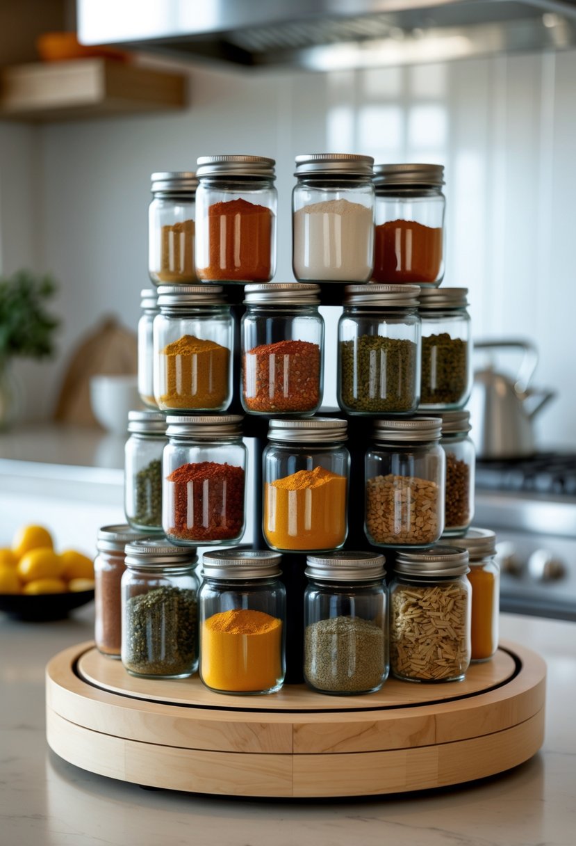 A rotating spice rack with mason jars filled with spices on a kitchen countertop.