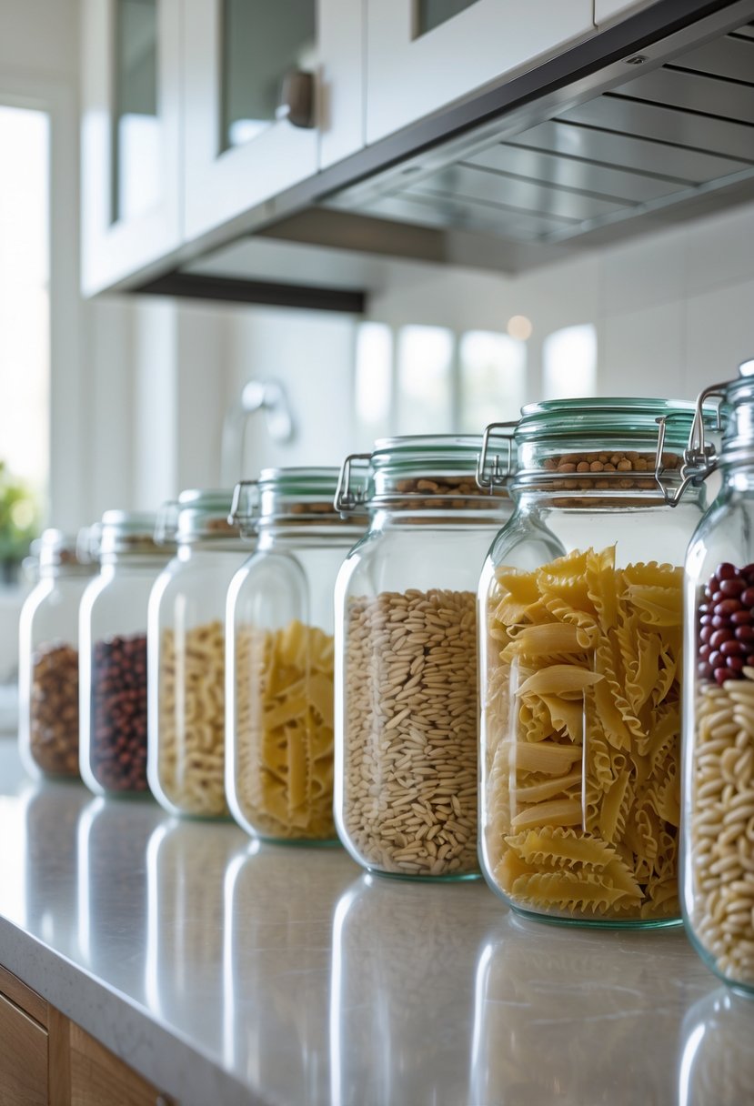 A kitchen countertop with several clear mason jars with hinged lids filled with different bulk foods like pasta, rice, and nuts, neatly arranged for storage.