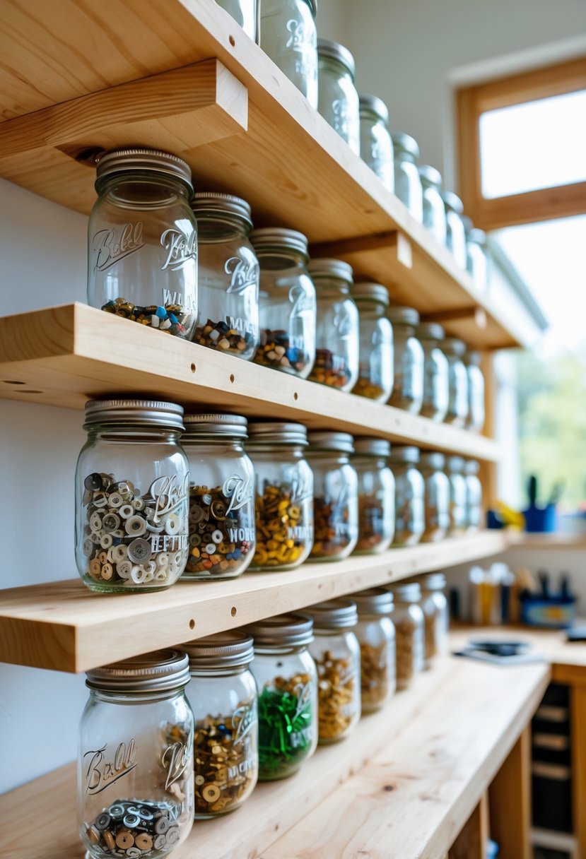 Mason jars mounted upside down under shelves holding small items like screws and buttons in a tidy workshop.