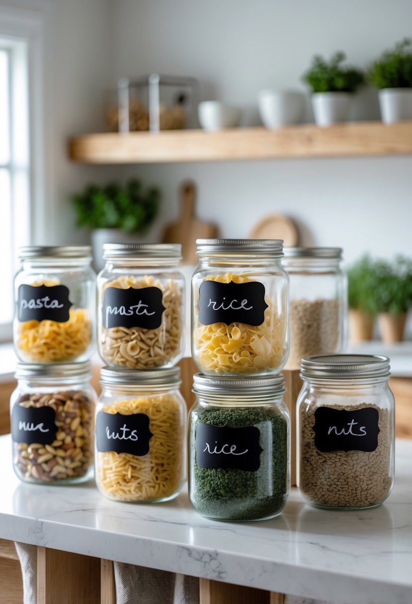 A kitchen countertop with several clear mason jars labeled with black chalkboard paint, filled with various pantry ingredients.
