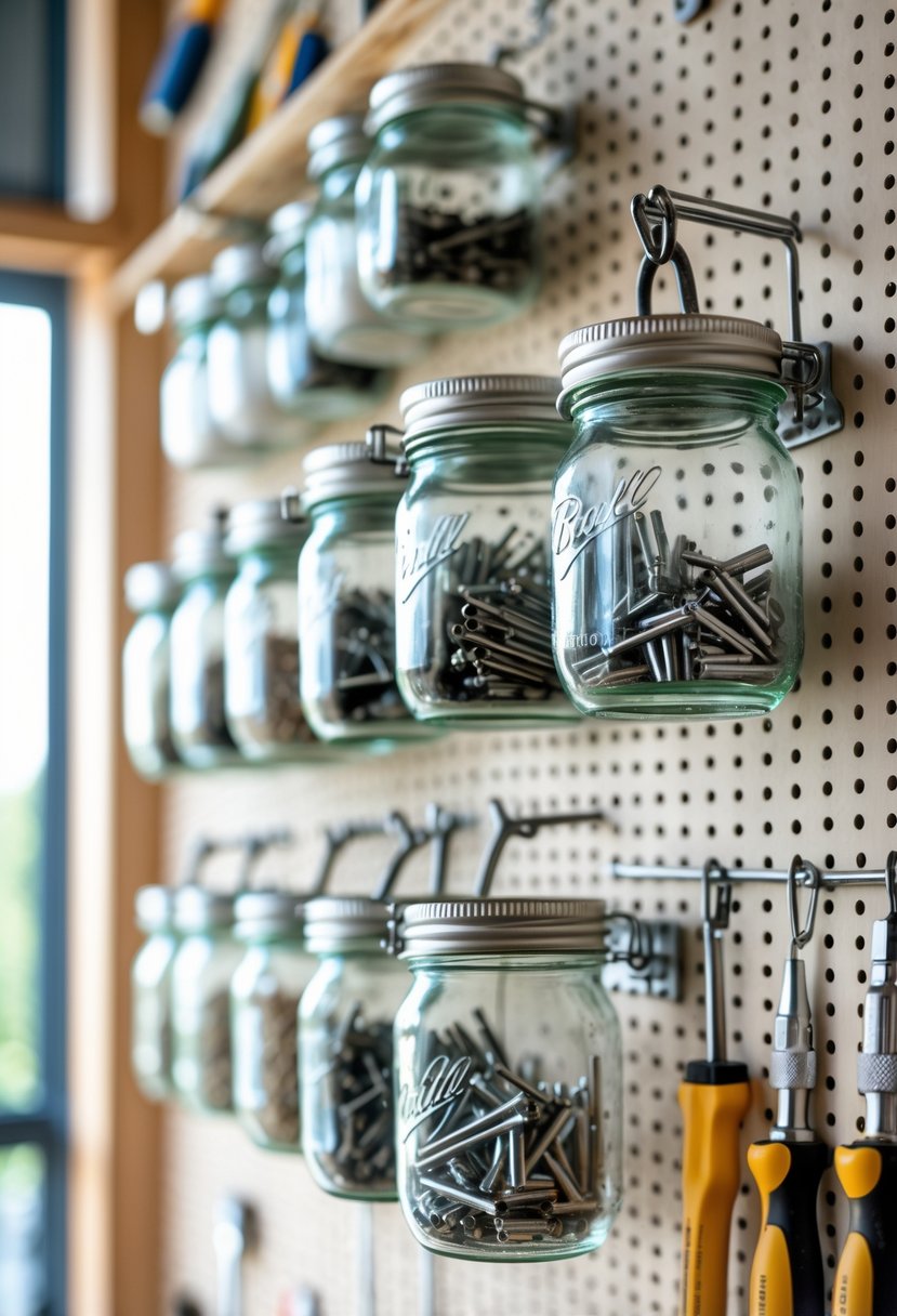 A pegboard wall with mason jars hanging by wire clamps, storing small tools and supplies in an organized workspace.