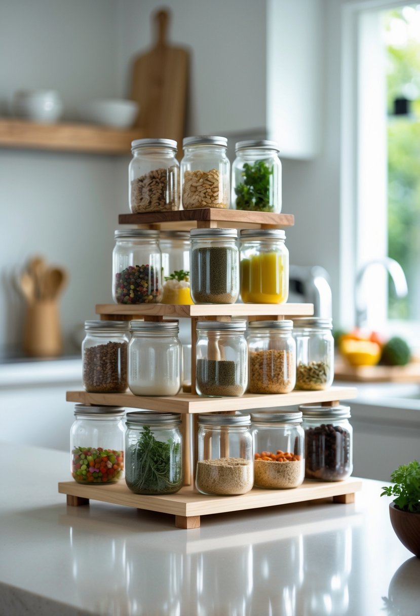 Kitchen countertop with mason jars arranged on tiered stands holding spices and pantry items.