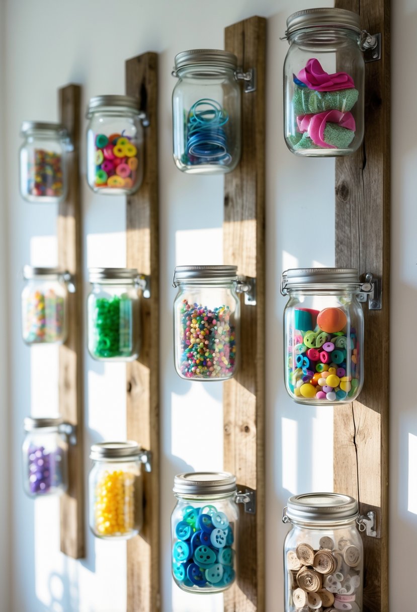 Mason jars attached to wooden boards on a wall holding colorful craft supplies.
