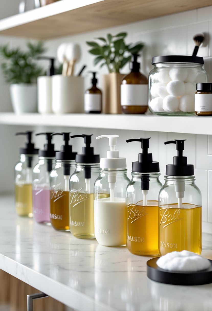 Several mason jars with pump lids used as soap and lotion dispensers arranged on a countertop with other jars holding bathroom items.