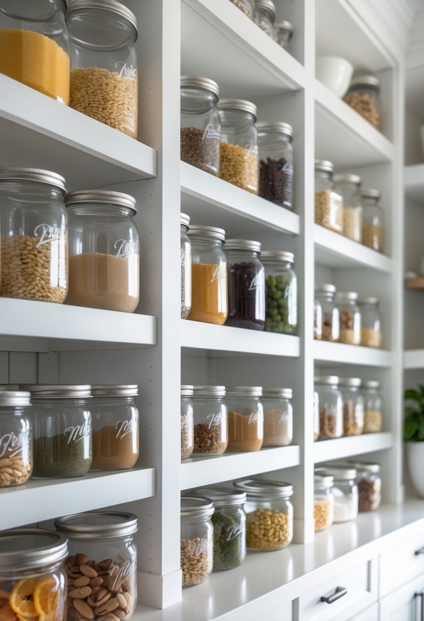 Pantry shelf with clear plastic bins stacked, containing neatly arranged mason jars filled with various pantry items.